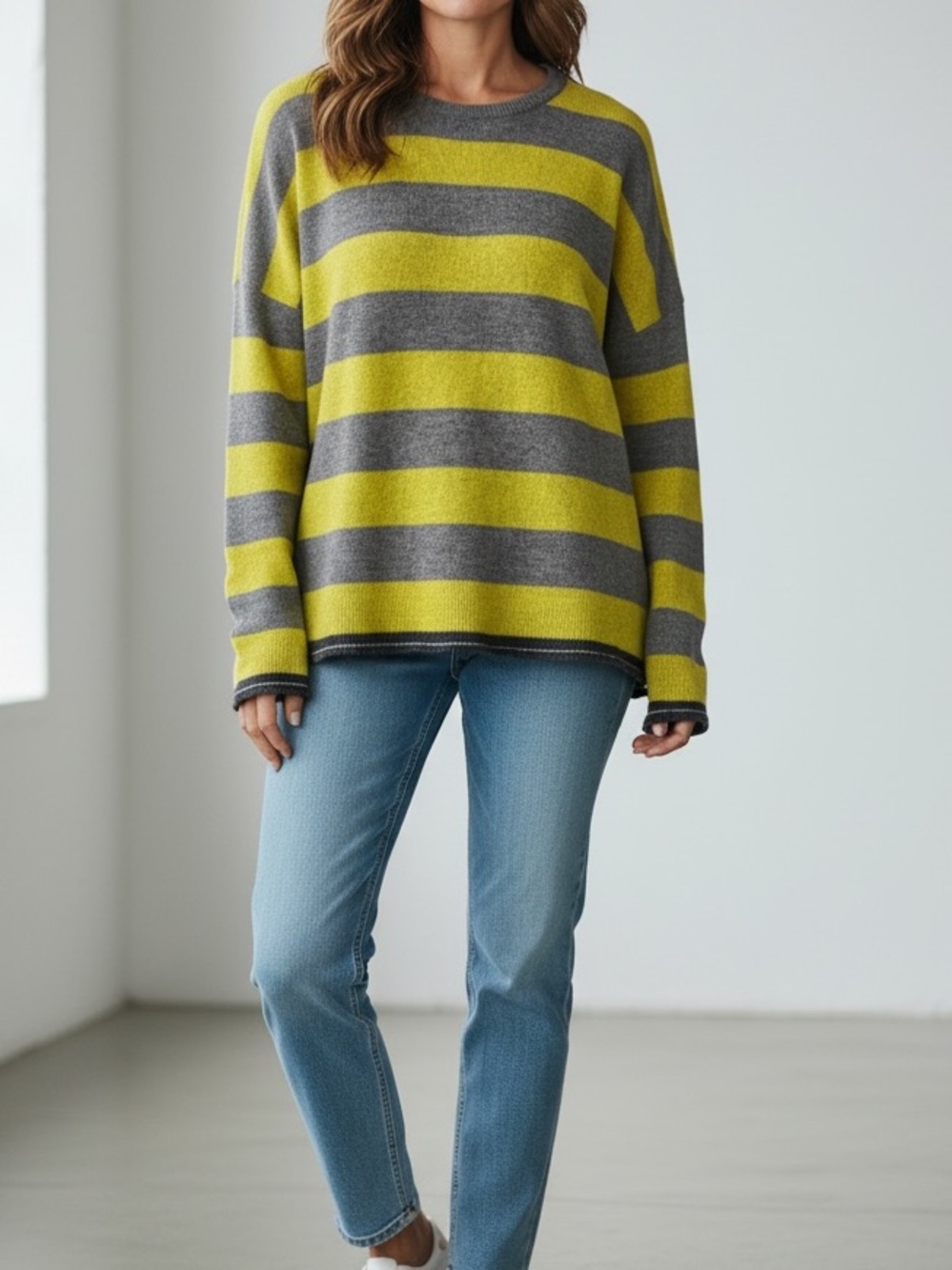 Marc Aurel Striped Crewneck Sweater in Gray Lime Wool Angora blend
